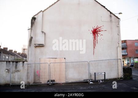 The latest Banksy art work in Barton Hill, Bristol which was revealed on Valentine's Day by the artist. The street art has now been covered up following vandalism. 16 February 2020. Stock Photo