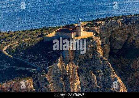 lighthouse Far de Llebeig on Sa Dragonera, 04.01.2020, aerial view, Spain, Balearic Islands, Majorca, Sa Dargonera Stock Photo