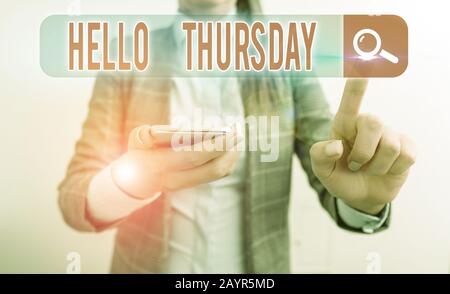 Text sign showing Hello Thursday. Business photo showcasing the greeting used to welcome the day after wednesday Stock Photo