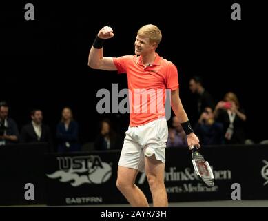Hempstead, NY - February 16, 2020: Kyle Edmund of Great Britain reacts after winning final against Andreas Seppi of Italy at ATP 250 New York Open 2020 tennis tournament at Nassau Coliseum Stock Photo