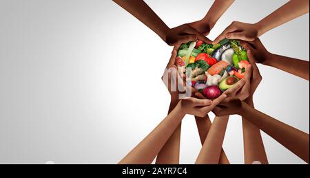 People eating healthy as a group of hands shaped as a heart as a dining concept and nutrition symbol for as a health lifestyle.
