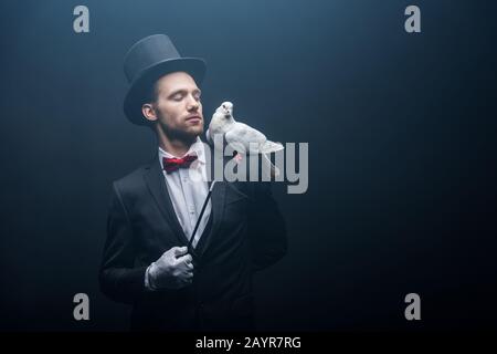 dove sitting on shoulder of magician in hat with wand in dark room with smoke Stock Photo