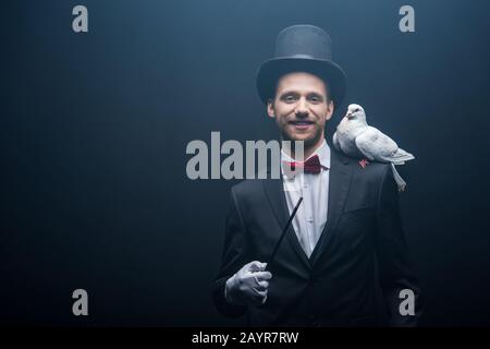 dove sitting on shoulder of cheerful magician in hat with wand in dark room with smoke Stock Photo