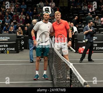 Hempstead, NY - February 16, 2020: Kyle Edmund of Great Britain and Andreas Seppi of Italy pose before final at ATP 250 New York Open 2020 tennis tournament at Nassau Coliseum, Edmund won Stock Photo