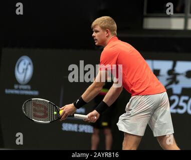 Hempstead, NY - February 16, 2020: Kyle Edmund of Great Britain serves during final against Andreas Seppi of Italy at ATP 250 New York Open 2020 tennis tournament at Nassau Coliseum, Edmund won Stock Photo