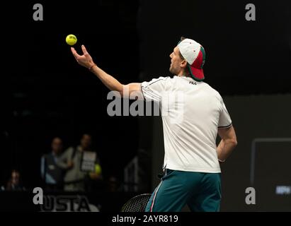 Hempstead, NY - February 16, 2020: Andreas Seppi of Italy serves during final against Kyle Edmund of Great Britain at ATP 250 New York Open 2020 tennis tournament at Nassau Coliseum, Edmund won Stock Photo