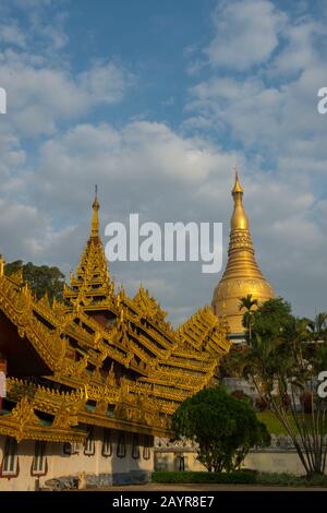 The southern stairway of the 2,500 years old Shwedagon Pagoda in Yangon (Rangoon), the largest city in Myanmar. Stock Photo