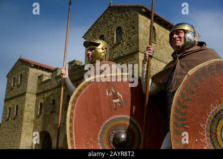 Roman soldiers from the late 2nd early 3rd century AD, these re-enactors 'man' the reconstructed fort at Arbeia, Hadrian's Wall, South Shields Stock Photo