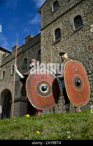 Roman soldiers from the late 2nd early 3rd century AD, these re-enactors 'man' the reconstructed fort at Arbeia, Hadrian's Wall, South Shields Stock Photo