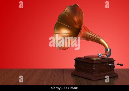 Vintage gramophone on wooden background. 3D rendering Stock Photo