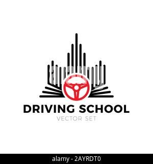Driving school vector logo. Book, car wheel, road sign and college logo design. Training, vehicle, transport and transportation, vector design and ill Stock Vector