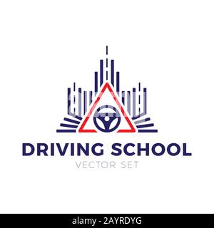 Driving school vector logo. Book, car wheel, road sign and college logo design. Training, vehicle, transport and transportation, vector design and ill Stock Vector
