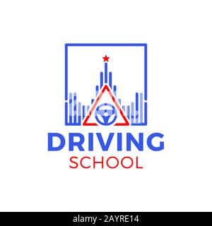 Driving school vector logo. Book, car wheel, road sign and college logo design. Training, vehicle, transport and transportation, vector design and ill Stock Vector