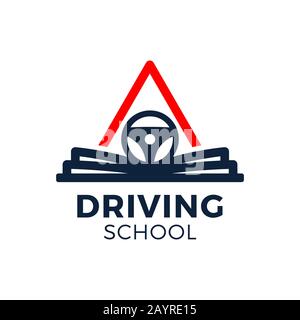 Driving school vector logo. Book, car wheel, road sign and college logo design. Training, vehicle, transport and transportation, vector design and ill Stock Vector