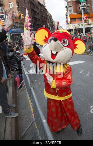 The Chinese New Year Parade welcomed in the Year of the Rat in 2020 down East Broadway and up Eldridge Street in Chinatown in New York City. Stock Photo