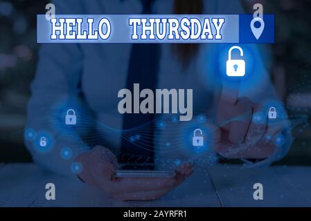 Text sign showing Hello Thursday. Business photo showcasing the greeting used to welcome the day after wednesday Stock Photo