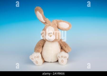 Stuffed toy bunny sitting on a gradient seamless background Stock Photo