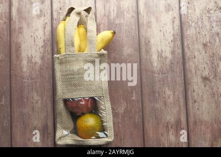 top view of fruit on reusable shopping bag  Stock Photo