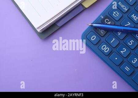 top view of pen, calculator and notepad  Stock Photo