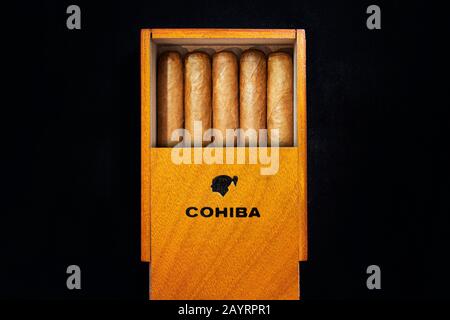 Close up of cigars Cohiba brands in open humidor box on black table in the dark. February 9, 2020. Barnaul Russia. Stock Photo