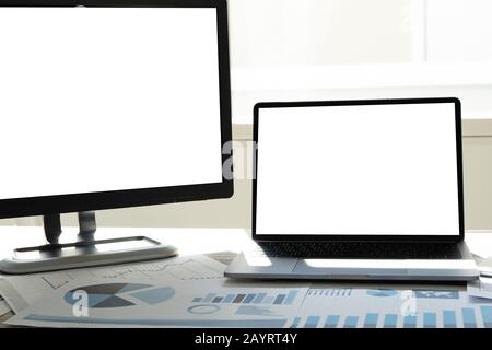Laptop with blank screen and laptop with blank copy space screen for your advertising text message Stock Photo