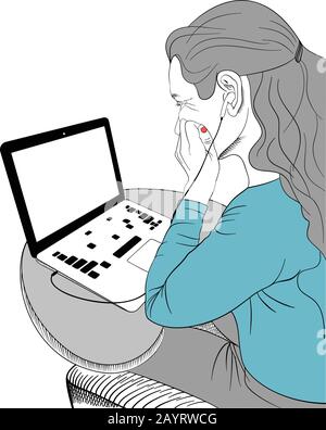 Female student wearing earbuds studying for exams looking at her laptop - simple illustration with copy space Stock Vector