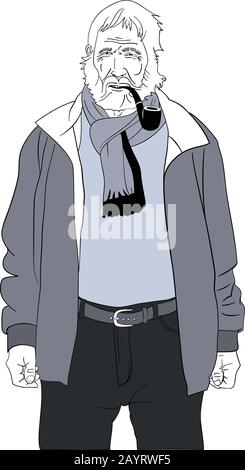 Senior caucasian bearded man with smoking pipe and a scarf looking like seasoned sailor - simple illustration in subdued colors Stock Vector