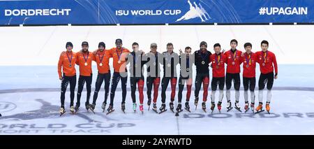 Dordrecht, Netherlands. 16th Feb, 2020. Members of Team Canada (C), Team the Netherlands (L) and Team China pose for photos at the victory ceremony after the Final A of the Men 5000 meter relay race at the 2019-2020 ISU World Cup Short Track in Dordrecht, the Netherlands, Feb. 16, 2020. Credit: Zheng Huansong/Xinhua/Alamy Live News Stock Photo