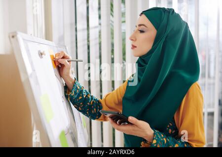 Female marketing manager in hijab holding smartphone in hand when drawing chart on whiteboard in office Stock Photo