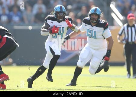 February 16, 2020: Dallas Renegades running back Cameron Artis-Payne (34) breaks free for a first down rush in the game between Dallas Renegades and Los Angeles Wildcats, Dignity Health Sports Park, Carson, CA. Peter Joneleit/ CSM Stock Photo