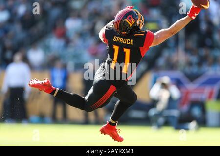 February 16, 2020: LA Wildcats wide receiver Nelson Spruce (11) leaps for the would-be touchdown catch but canÕt quite hauling the pass in the game between Dallas Renegades and Los Angeles Wildcats, Dignity Health Sports Park, Carson, CA. Peter Joneleit/ CSM Stock Photo