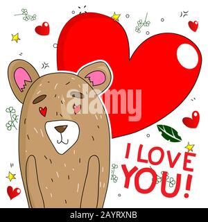 Hand drawn vector bear in love. Doodle greeting card for Valentine's day. Stock Vector