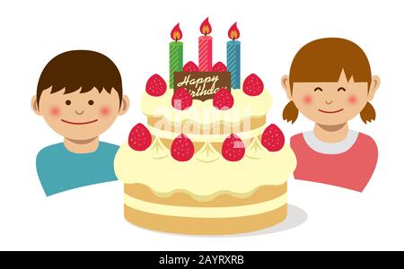 Happy birthday.Birthday cake and kids illustration. Stock Vector