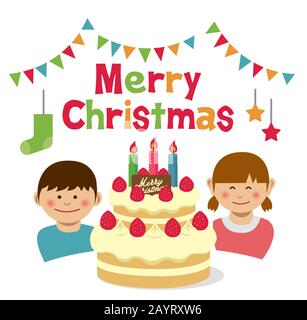 Merry christmas.Birthday cake and kids illustration. Stock Vector