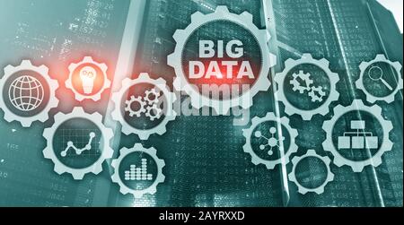 Green Big Data Concept of hi tech and innovation in business and production. Virtual screen on data center server background. Stock Photo