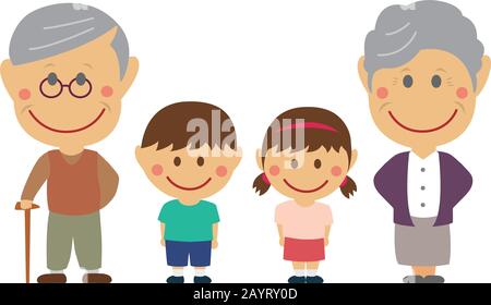 deformed cartoon family (grandparents and grandchildren) flat vector illustration standing in a row (asian family). Stock Vector