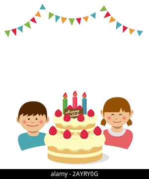 Happy birthday.Birthday cake and kids illustration. Stock Vector