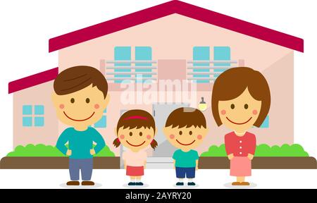 Happy family (asian) and new house. flat vector llustration (newly built house). Stock Vector