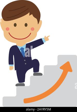 deformed cartoon businessman illustration of going up the stairs aiming at success and career up ( asian worker) Stock Vector