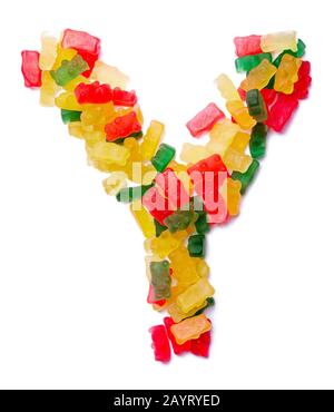 Letter Y of the English alphabet  from multi-colored chewing marmalade on a white isolated background. Food pattern made ffrom children's sweets bears Stock Photo