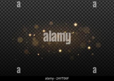 Abstract golden lights on a dark transparent background. Glares with flying glowing particles. Ligh effect. Vector illustration. EPS 10 Stock Vector