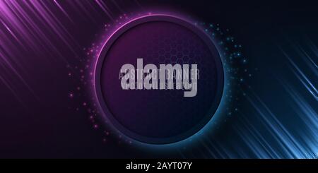 Abstract banner with honeycomb pattern and glowing rays. Futuristic design. Blue and purple light effect and flying particles. Vector illustration. EP Stock Vector