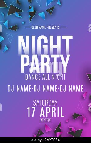 Night party poster. Purple and blue polygonal shapes. Club and DJ name. Geometric design from triangles. Disco invitation poster. Vector illustration. Stock Vector