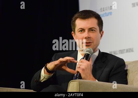 Las Vegas, United States. 16th Feb, 2020. Democratic candidate Pete Buttigieg discusses American infrastructure at Moving America Forward, a presidential candidate forum inside UNLV Student Union on February 16, 2020 in Las Vegas, Nevada. Credit: The Photo Access/Alamy Live News Stock Photo