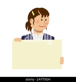 Woman holding a paper Board (placard) illustration Stock Vector