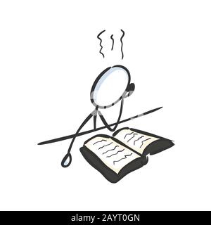 Studying hard. Memorizing book. Preparing for exam. Learn revise process. Reading manual. Hand drawn. Stickman. Doodle sketch, Vector graphic illustra Stock Vector