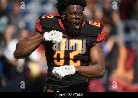 Carson, California, USA. 16th Feb 2020. LA Wildcats wide receiver Kermit  Whitfield (10) runs with the ball while Dallas Renegades linebacker Asantay  Brown (58) attempts to tackle during an XFL football game