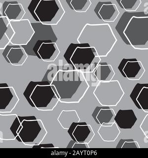 Doodlled hexagons slightly wonky shapes in blacks, whites and grays, vector seamless repeat surface pattern design Stock Vector