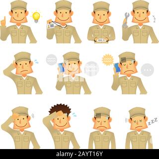 Young asian (Japanese, Korean etc.) blue collar worker (upper body) vector illustration set (engineer,repairman,mechanic,delivery man etc.) Stock Vector