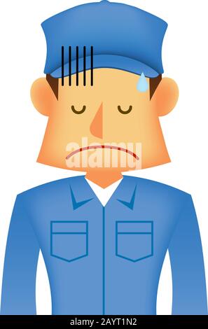 Young asian (Japanese, Korean etc.) blue collar worker (upper body) vector illustration (engineer,repairman,mechanic,delivery man etc.) / disappoint, Stock Vector